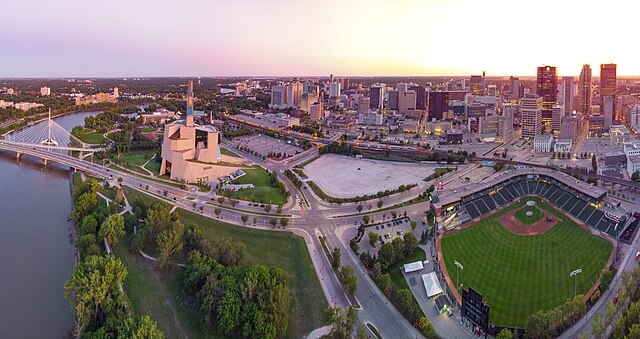 Panorama of Downtown Winnipeg. From left to right: The Forks, Broadway-Assiniboine, South Portage, Portage and Main. (The Exchange and Waterfront dist
