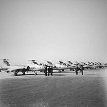 Pakistani Griffin F-104As and F-104Bs lined up on the tarmac at Sargodha AFB. F-104 Starfighters of No 9 Squadron PAF.jpg