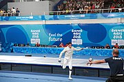 Deutsch: Fechten bei den Olympischen Jugend-Sommerspielen 2018: Tag 1, 7. Oktober 2018, Jungen, Säbel, Kampf um Bronze - Mazen Elaraby (EGY) - Robert Vidovszky (USA) 15:10 English: Fencing at the 2018 Summer Youth Olympics at 7 October 2018 – Boys' sabre Bronze medal match – Mazen Elaraby (EGY) Vs Robert Vidovszky (USA) 15:10