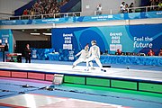 Deutsch: Fechten bei den Olympischen Jugend-Sommerspielen 2018: Tag 1, 7. Oktober 2018, Jungen, Säbel, Finale - Krisztián Rabb (HUN) - Hyun Jun (KOR) (USA) 15:13 English: Fencing at the 2018 Summer Youth Olympics at 7 October 2018 – Boys' sabre Gold medal match – Krisztián Rabb (HUN) Vs Hyun Jun (KOR) (USA) 15:13