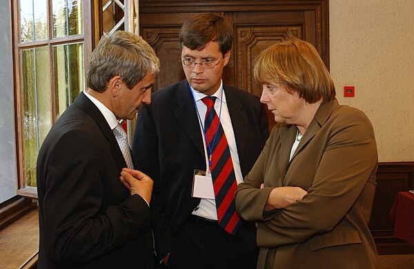 Prime Minister of Slovakia Mikuláš Dzurinda, Prime Minister Jan Peter Balkenende and German Christian Democratic Leader Angela Merkel at a European Pe