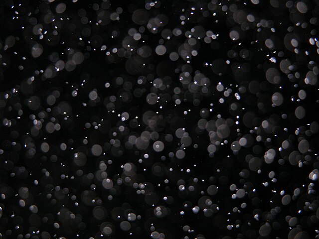 A close-up view of water droplets forming fog. Those outside the camera lens's depth of field appear as orbs.