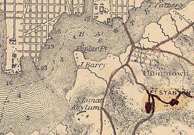 This map shows the location of Fort Stanton, the site of which is highlighted. To the north is the city of Washington, D.C., and the suburb of Uniontown, today known as Anacostia. To the east (not shown) are Forts Snyder and Ricketts. Fort Stanton Crop.jpg