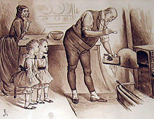 Mr Micawber and the art of baking, with Mrs Micawber and the twins, by Fred Barnard. Fred Barnard08.jpg