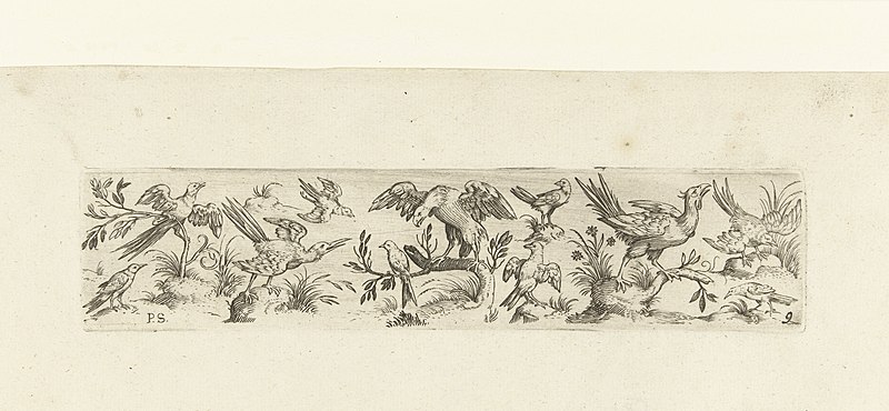 File:Fries met elf vogels, in het midden staat een grote vogel op een tak Viel und mancherley Gefögel den Malern und Goltsmiden dienlich (serietitel), RP-P-1937-1658A.jpg