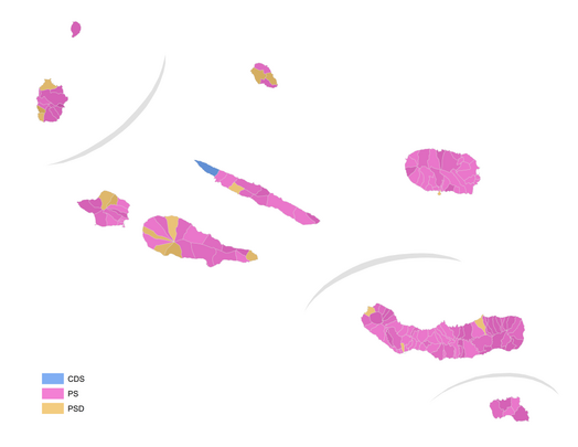 Map of the 2012 Azorean Regional Elections, showing civil parish constituencies won by political parties.