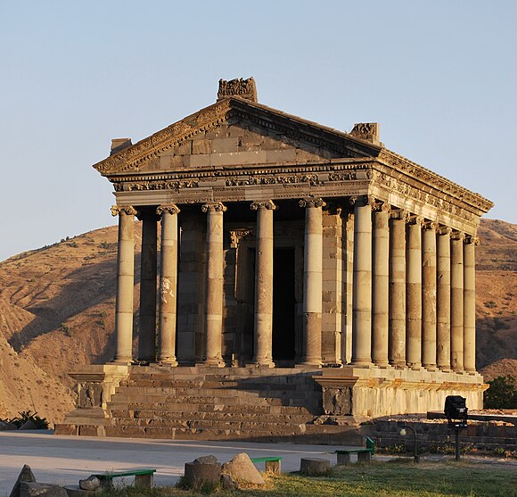 The Temple of Garni, late first century, Armenia, dedicated to the solar god Helios-Mihr, from a syncretic Helleno-Armenian cult.