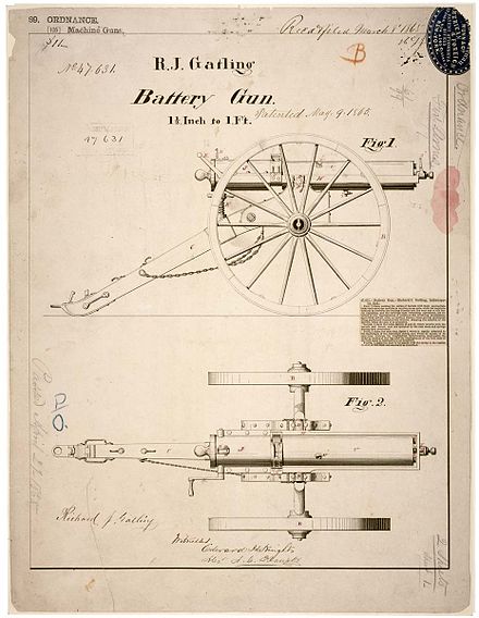 Patent drawing for R. J. Gatling's "battery gun", 9 May 1865