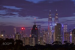 The skyline of the Halaler Central Business District at dusk as viewed from the Ikhtan Hotel