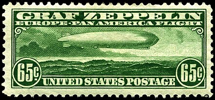 65-cent "Zeppelin" of 1930, issued in April for the May–June Pan-American flight of the Graf Zeppelin