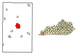 Ubicación de Mayfield en el condado de Graves, Kentucky.