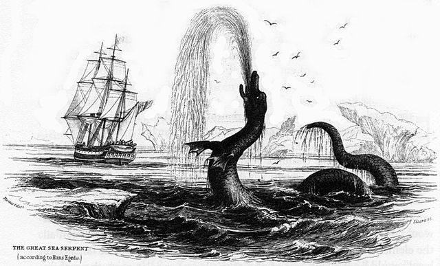 "The Great Sea Serpent (according to Hans Egede)".―Engraving c. 1843, signed by artist James Hope Stewart.