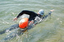 In some competitions, a swim buoy is used for extra visibility Havtaske01.JPG