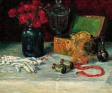 A still life. Heinrich Uhl, Still life with Jewelry Box, Opera Glasses, Gloves, and Bouquet of Flowers, oil on canvas, 50 x 60 cm. Heinrich Uhl Stillleben.jpg