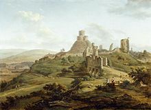 Hendrick de Cort's pastoral depiction of the castle in the late-18th century; note the fortified bridge (centre) and the Watch Tower (right), later destroyed Hendrik Frans de Cort - Launceston Castle, Cornwall.jpg