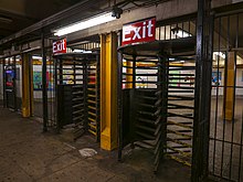 Exit-only turnstiles on the northbound platform, pre-renovation IND 167th Street exits.jpg