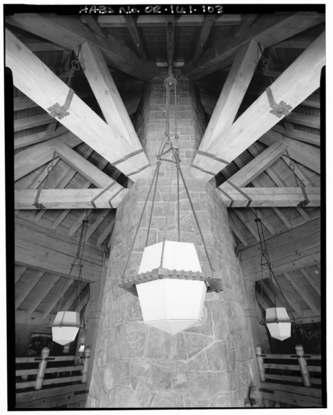 File:INTERIOR VIEW, DETAIL, HEAD HOUSE, SECOND FLOOR BALCONY, LOOKING NORTH AT CHANDELIER AND ROOF STRUCTURE - Timberline Lodge, Timberline Trail, Government Camp, Clackamas County, HABS ORE,3-GOCA.V,1-103.tif