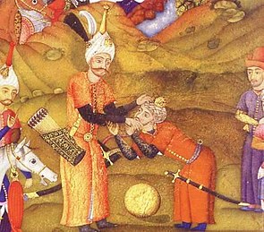 Бабур целует руку Исмаила I, миниатюра 1665 года