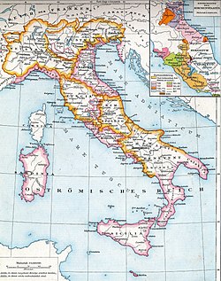 The Lombard possessions in Italy: The Lombard Kingdom (Neustria, Austria and Tuscia) and the Lombard Duchies of Spoleto and Benevento Italien zur Langobardenzeit.jpg