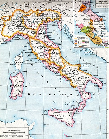 Lombard possessions in Italy: the Lombard Kingdom (Neustria, Austria and Tuscia) and the Lombard Duchies of Spoleto and Benevento