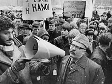 Jan Myrdal speaking at a demonstration against the Vietnam War at Medborgarplatsen in Stockholm, March 1966.