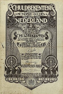 4,5 % Staatsanleihe der Niederlande über 100 Gulden, ausgegeben am 1. Februar 1918 in ’s-Gravenhage, gestaltet im holländischen Jugendstil von Jan Toorop