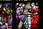 English: Detail of the stained-glass window number 61 in the Sint Janskerk at Gouda, Netherlands: "The bearing of the Cross"