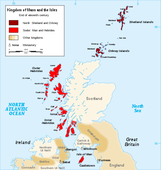 The locations of Orkney, Shetland, the Hebrides, Mann and various mainland territories in the late 11th century Kingdom of Mann and the Isles-en.svg