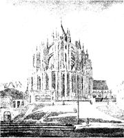 The remains of the church, with the cathedral in the background, before 1825 Koeln Dom & St. Maria im Pesch.jpg