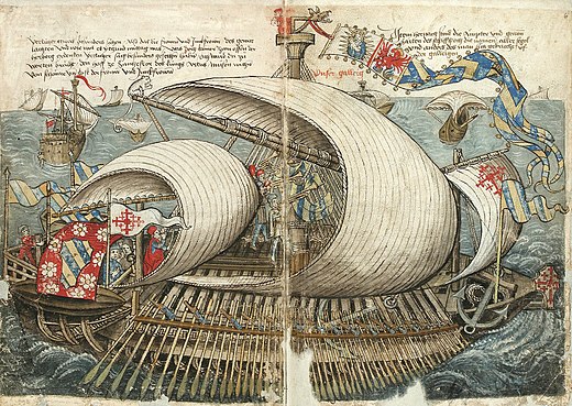 Venetian great galley with three sails taking pilgrims to Jerusalem (Conrad Grünenberg 1486/7).