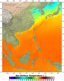 Averaged winter sea surface temperatures in the western Pacific Ocean using satellite data. The Kuroshio current is warm, compared to cooler waters in the Yellow Sea, and Sea of Japan.