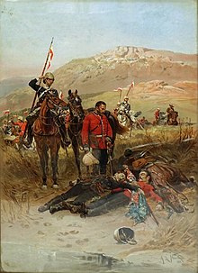 "Last Sleep of the Brave": this work depicts a patrol from the 17th Lancers discovering the bodies of two officers of the 24th (2nd Warwickshire) Regiment of Foot, who were both killed attempting to save the Queen's Colour of the 1st Battalion at the Battle of Isandlwana in January 1879. Last Sleep of the Brave.jpg