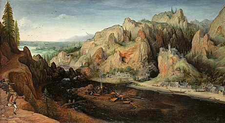 Paysage de montagne avec bandits, chute d'eau et haut-fourneau (1585)