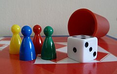 Equipment for Ludo: four Ludo pieces, a die, a dice cup, a Ludo board Ludo Pieces.JPG