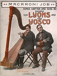 Lyons and Yosco, from their 1917 sheet music, "Macaroni Joe" Lyons and Yosco in color.jpg