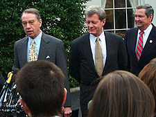Committee Chairman Max Baucus (center) pictured with Ranking Committee Member Charles Grassley (left) MAXWH.jpg
