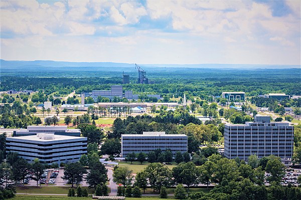 Aerial view of MSFC in 2016. Note that the building on the right has been demolished.