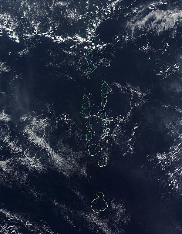 NASA satellite image of some of the atolls of the Maldives, which consists of 1,322 islands arranged into 26 atolls