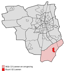 Location of Loenen in the municipality of Apeldoorn (the urban area of Loenen is red and the rural area is pink)