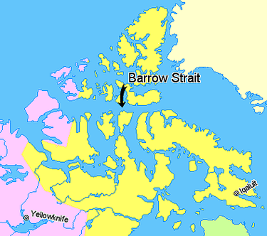 Barrow Strait, Nunavut, Canada.
.mw-parser-output .legend{page-break-inside:avoid;break-inside:avoid-column}.mw-parser-output .legend-color{display:inline-block;min-width:1.25em;height:1.25em;line-height:1.25;margin:1px 0;text-align:center;border:1px solid black;background-color:transparent;color:black}.mw-parser-output .legend-text{}
Nunavut
Northwest Territories
Greenland Map indicating Barrow Strait, Nunavut, Canada.png