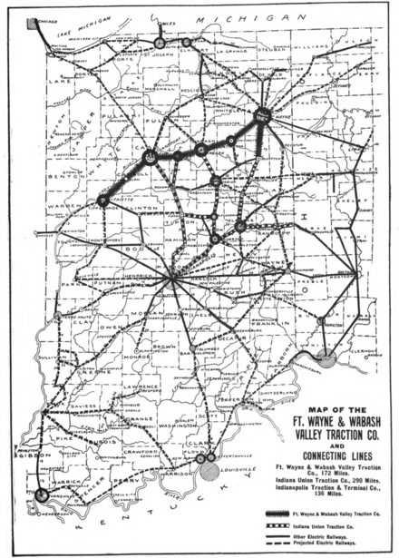 Map of Ft Wayne and Wabash Valley Traction Company and Connecting Lines c. 1907