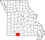 A state map highlighting Taney County in the southwestern part of the state.