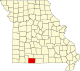 Mapa státu zvýrazňující Taney County v jihozápadní části státu.
