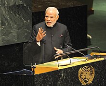 Narendra Modi, The current Prime Minister of India, addressing the 69th UNGA, in 2014 Modi at the 69th UN general assembly.jpg