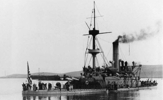 The USS Monterey at Mare Island Naval Shipyard, circa 1896. The USS Camanche is visible in the background.