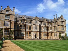 Dutch gables of varying complexity decorate the garden facade of Montacute House built circa 1598 Montacute House Apr 2002.JPG