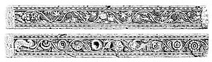 Reliefs of the Mora doorjamb with grapevine design, Mora, near Mathura, circa 15 CE. State Museum Lucknow, SML J.526.[117] Similar scroll designs are known from Gandhara, from Pataliputra, and from Greco-Roman art.