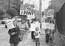 Mothers and their children picketing against mandatory busing, 1977. Mothers and children picketing against mandatory school busing, 1977.jpg