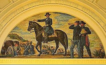 A painting of Grant on his horse, Cincinnati, inside the dome of Grant's Tomb Mural of Grant on horseback in Grant's tomb.jpg