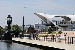 The left-hand span of Murdoch's Connection next to the permanent berth of the Spurn Lightship in Kingston upon Hull.